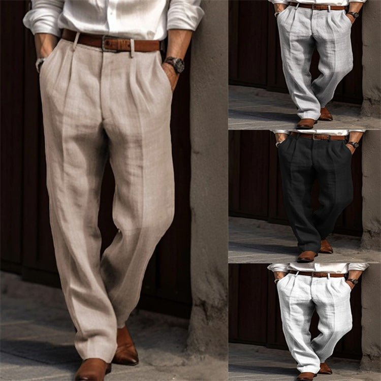 Men's Linen Trousers Double Pleated Front Pocket Straight Pure Color Comfort Breathable Casual - DBMP Shop