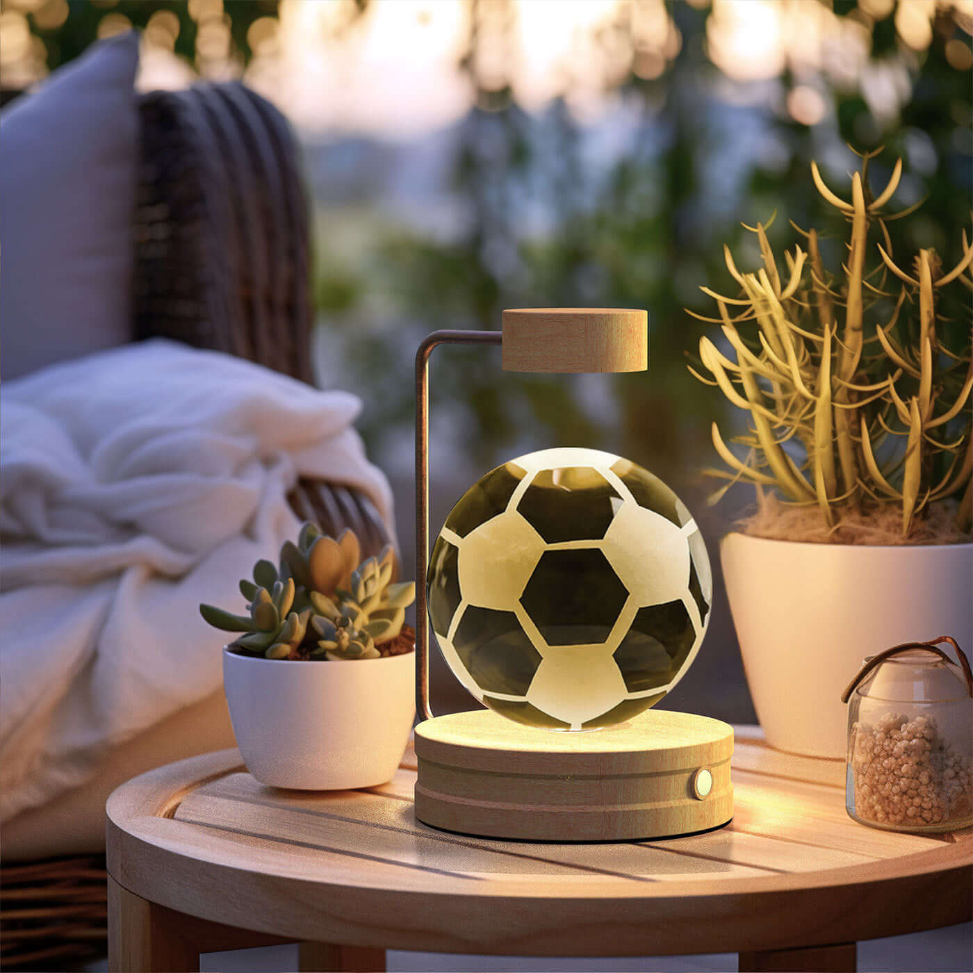 Warm indoor lamp with a soccer ball design, creating a cozy atmosphere with plants in the background.