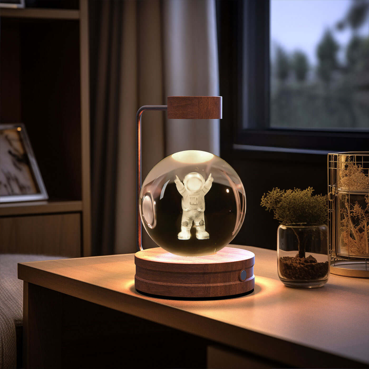 Crystal ball dinosaur night light featuring astronaut design, warm bedside lamp ideal for home decor and gifts.