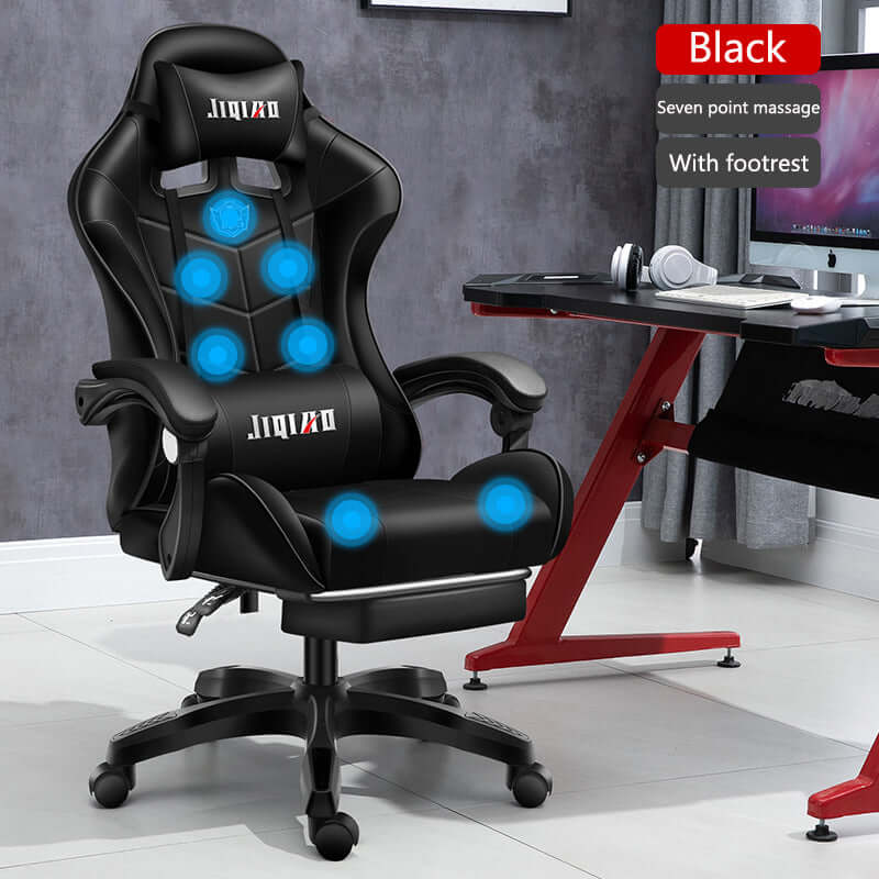 Men's ergonomic gaming chair in black with footrest and seven-point massage features for home office comfort.