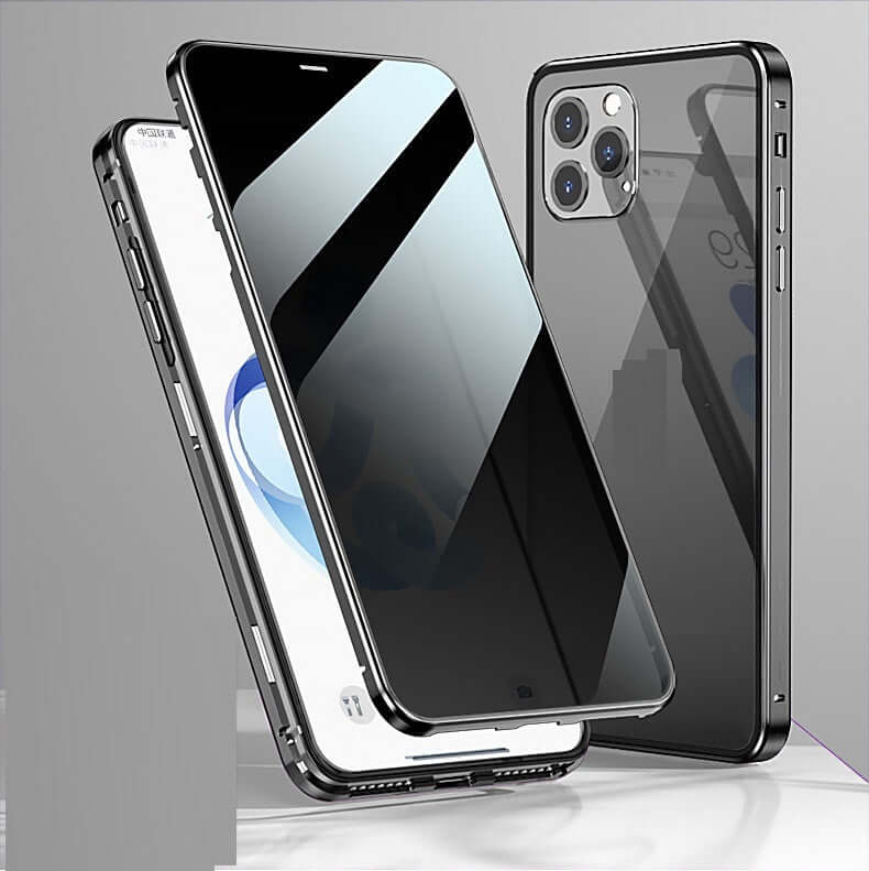 Double sides glass cover anti-privacy magnetic case for iPhone, showcasing sleek design and tempered glass material.
