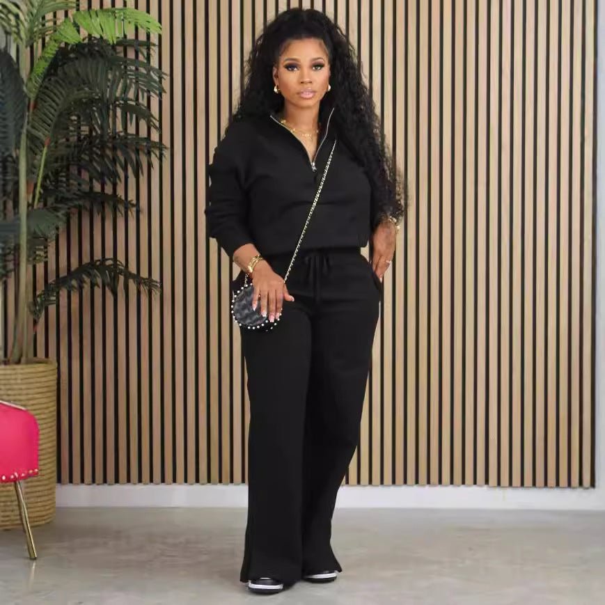 Solid Color Loose Zip Drawstring Pants Sports Two-piece Set - DBMP Shop