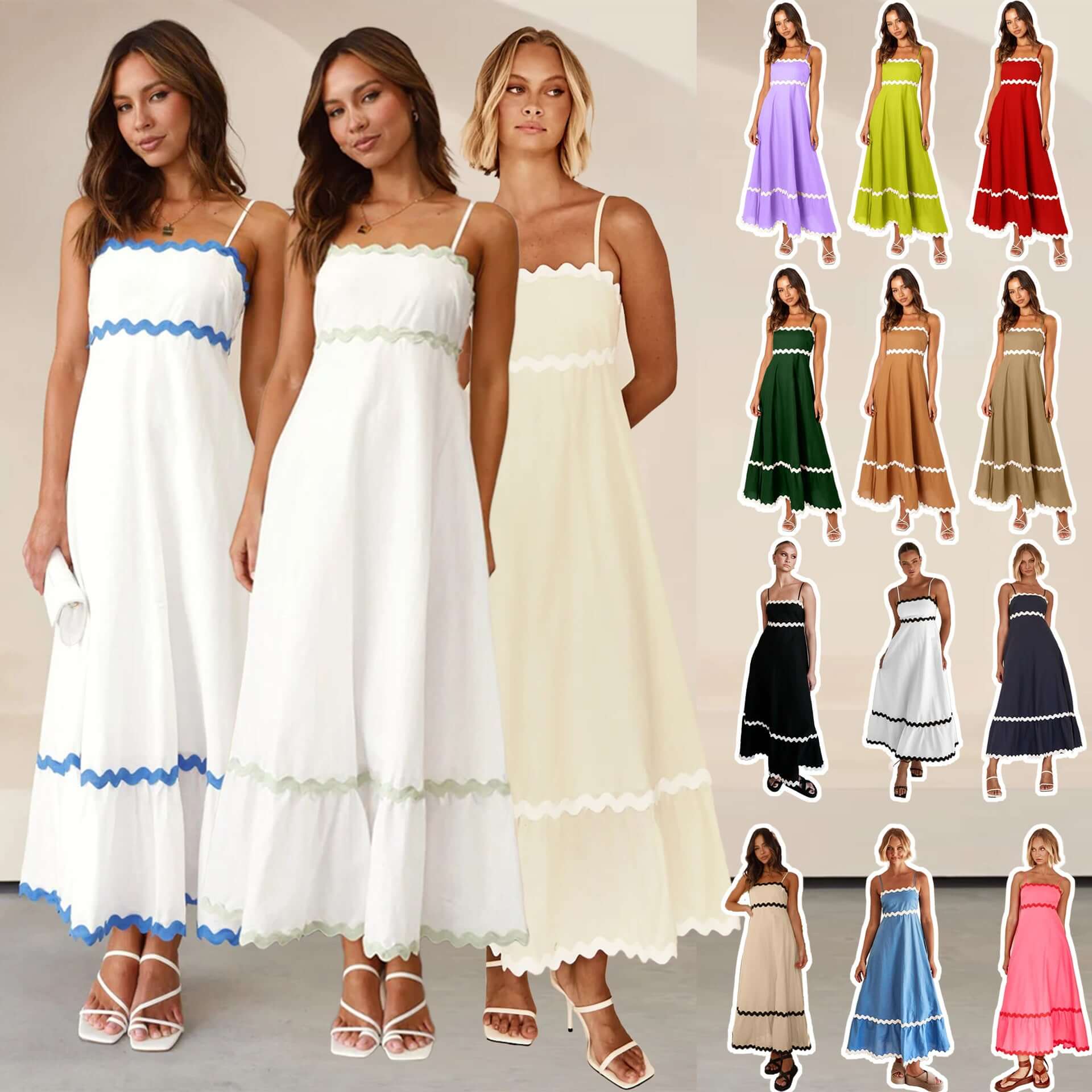 New Suspender Long Dress Summer Fashion Solid Color Wave Pattern Printed Beach Dresses For Womens Clothing - DBMP (Electronics And More Store)
