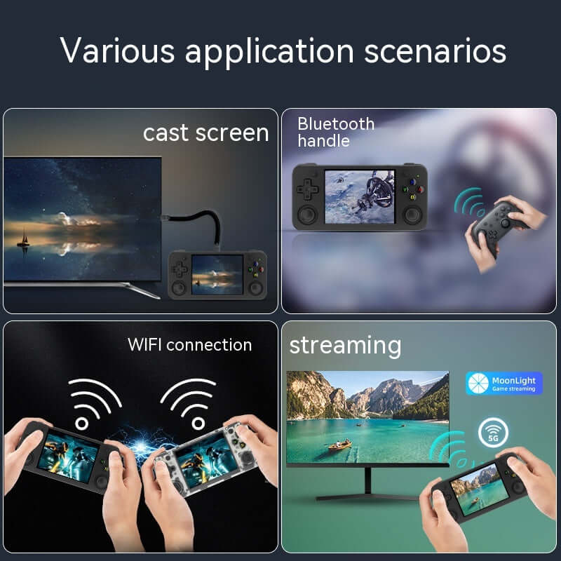 Collage of handheld game machine application scenarios: casting, Bluetooth connection, WiFi, and streaming.