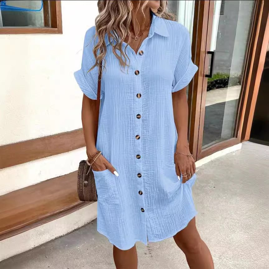 Summer Short Sleeve Shirt Dress Fashion Solid Color Single - breasted Mid - length Loose Dress - DBMP (Electronics And More Store)