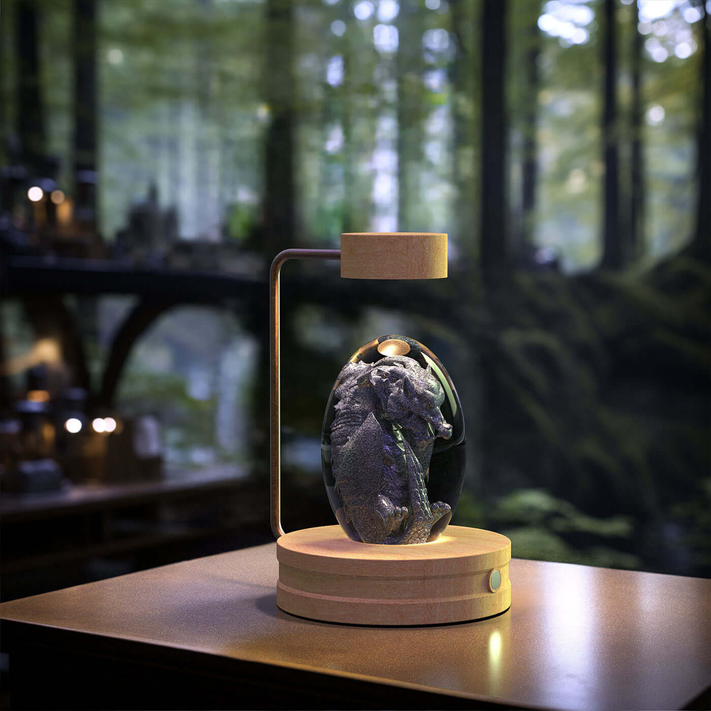 Crystal ball dinosaur night light on wooden base, creating a warm atmosphere for home decor.