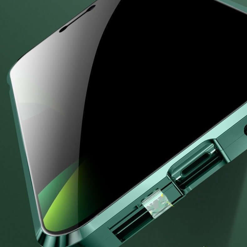 Close-up of a metal frame snap double-sided glass phone case in green, showcasing sleek design and precision cutouts.