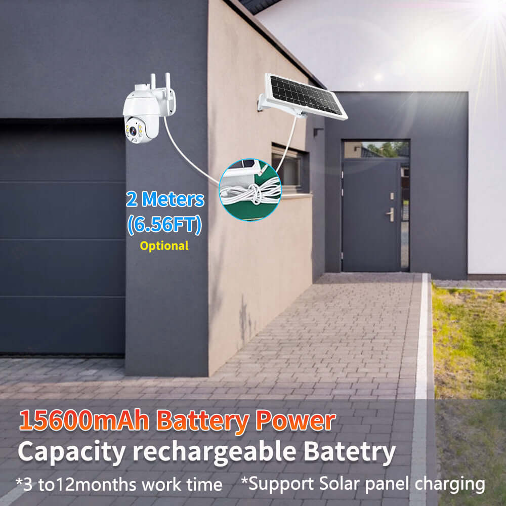 Outdoor security camera system with 15600mAh rechargeable battery and solar panel, demonstrating 2 meters cable length.