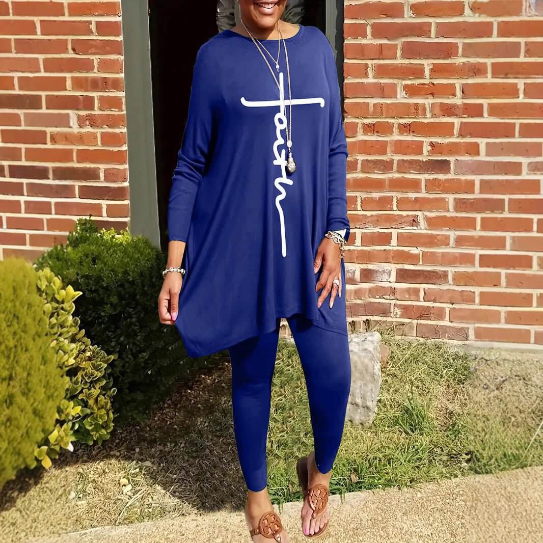 Round Neck Loose Long Sleeves Solid Color Printed Plus Size Women's Clothing Two - piece Set - DBMP (Electronics And More Store)