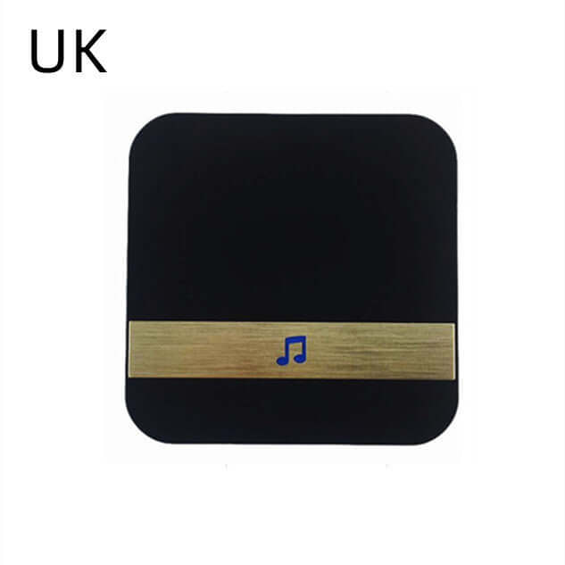 Black wireless music button with gold trim and music note icon, perfect for home or office use.