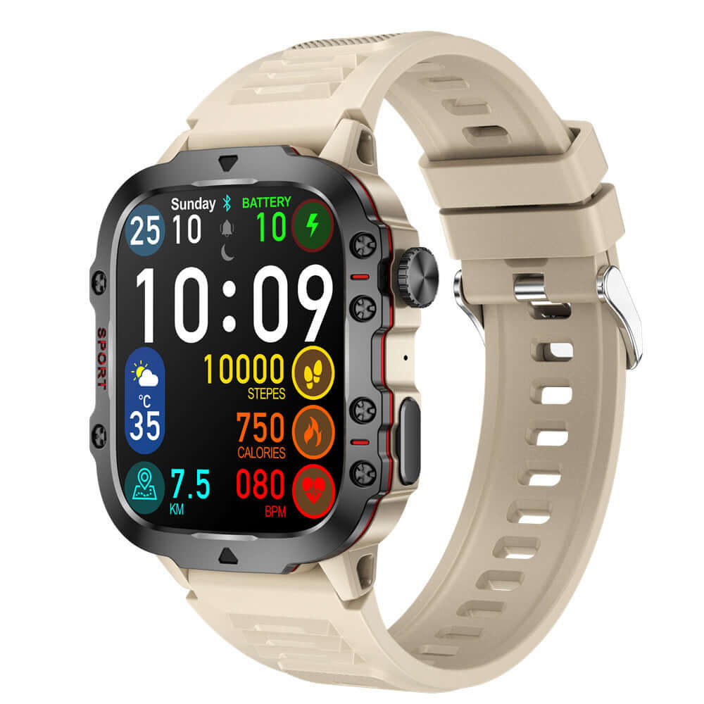 New QX11 Smart Bluetooth Watch in khaki color displays fitness stats on a TFT screen, featuring step count and heart rate tracking.