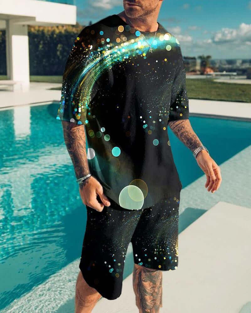 Men's black T-shirt set with 3D stripes and digital prints, worn by a man by the poolside.