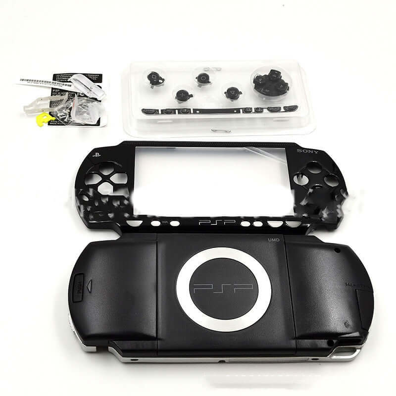 Psp1000 handheld computer protection housing, black plastic shell with components, suitable for game console casing.