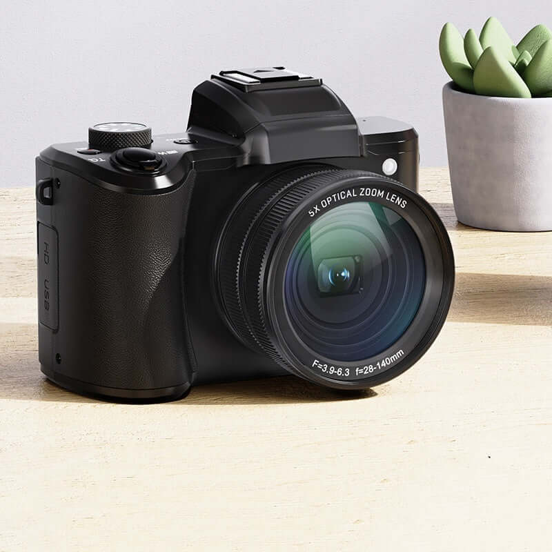 Retractable HD digital optical zoom camera with 5x zoom lens on wooden surface, showcasing sleek design and features.