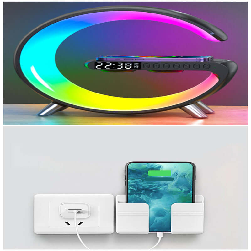 Intelligent G-shaped LED lamp with wireless charger and Bluetooth speaker, featuring colorful ambiance and clock display.