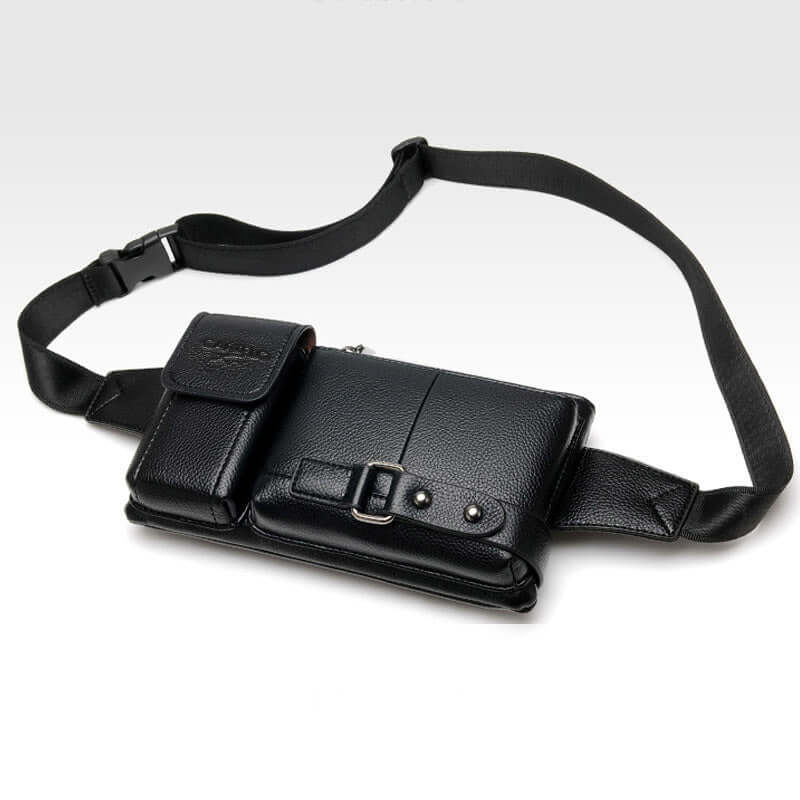 Men's black waist bag with cell phone pockets, wear-resistant fabric, adjustable strap, stylish and functional accessory.