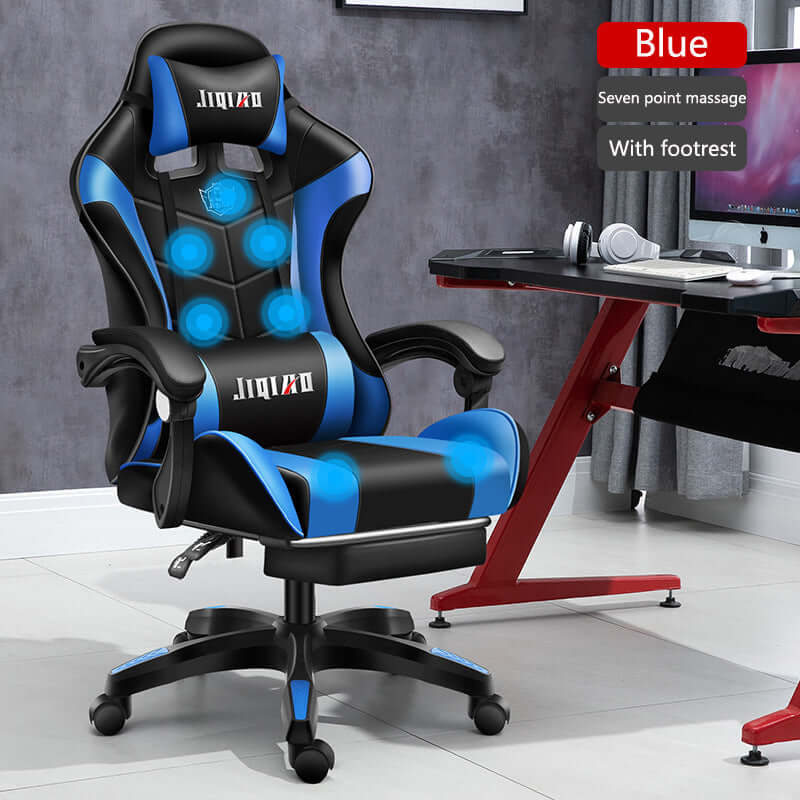 Men's blue ergonomic gaming chair with massage, footrest, and swivel features for ultimate comfort in home office.