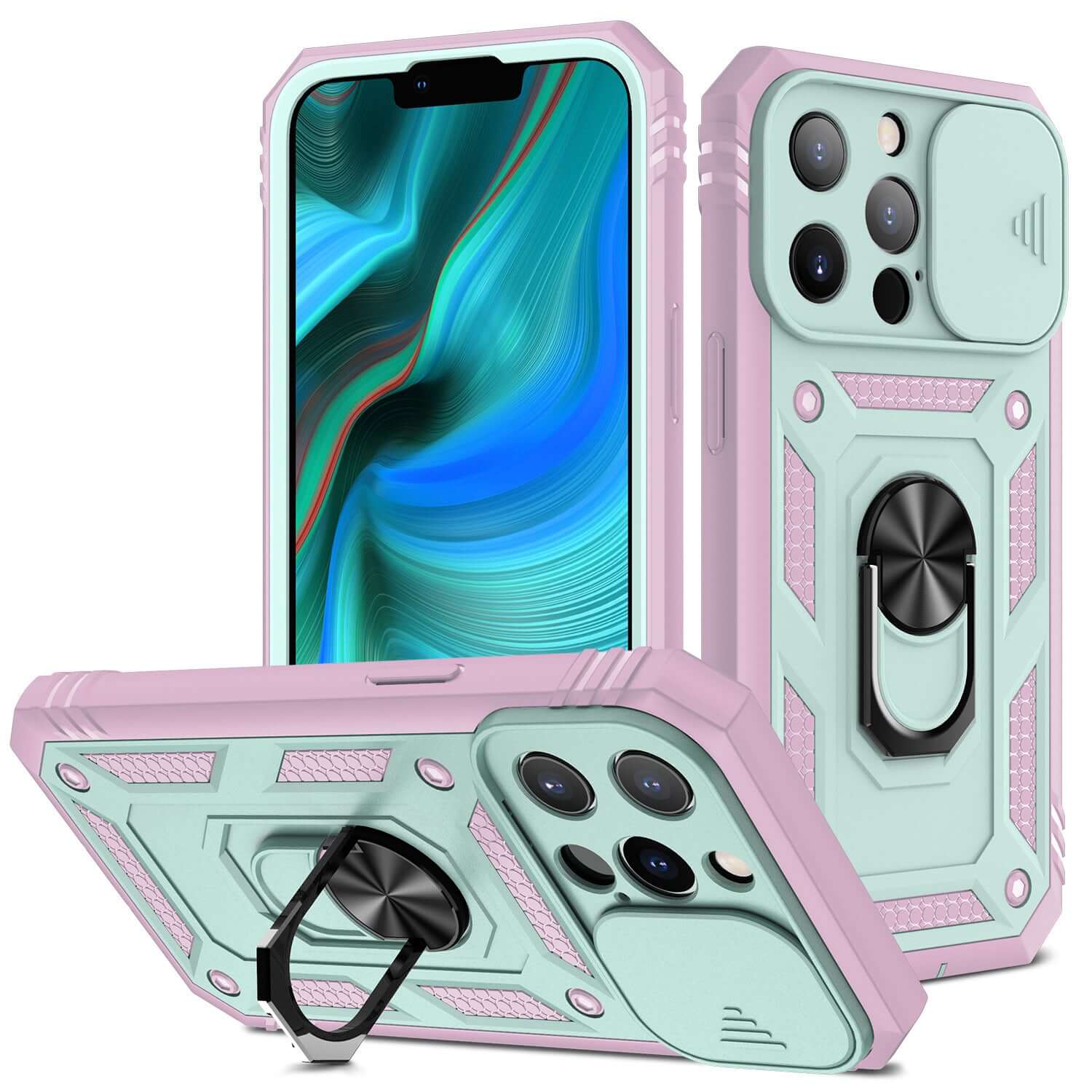New magnetic smartphone case with sliding window bracket in pink and mint green, designed for Apple models.