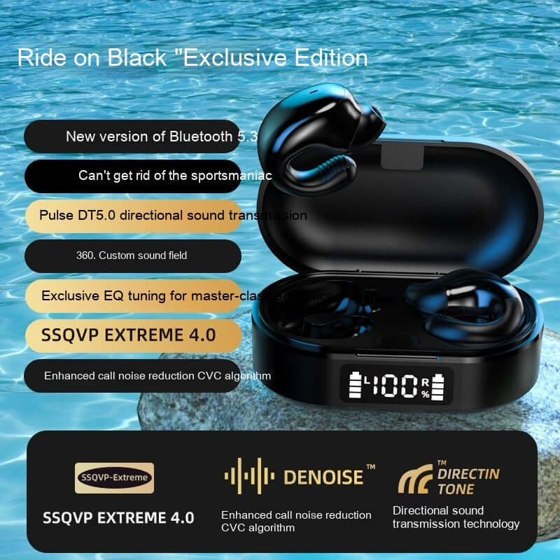 Exclusive edition black Bluetooth headset with digital display and advanced noise reduction features.