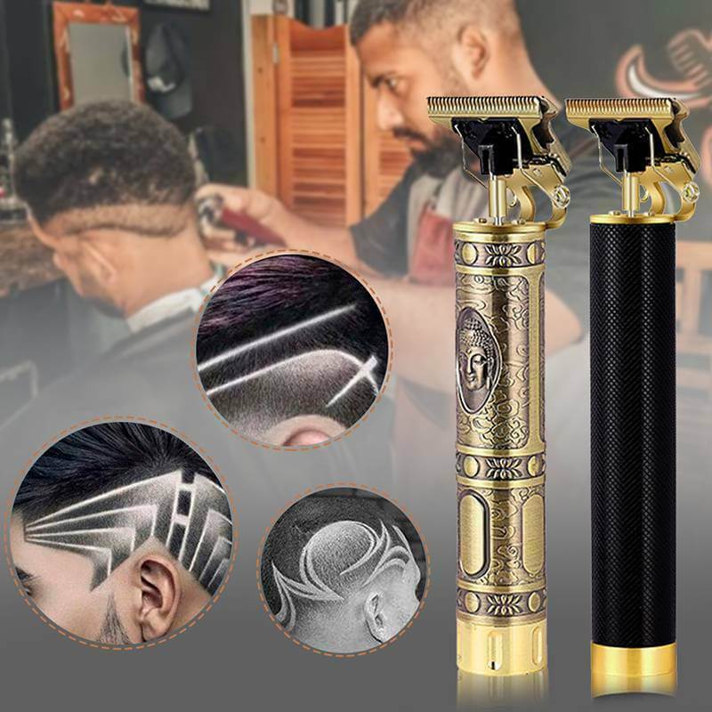 USB electric hair clippers and beard trimmers with stylish haircuts, professional barber tools for men.