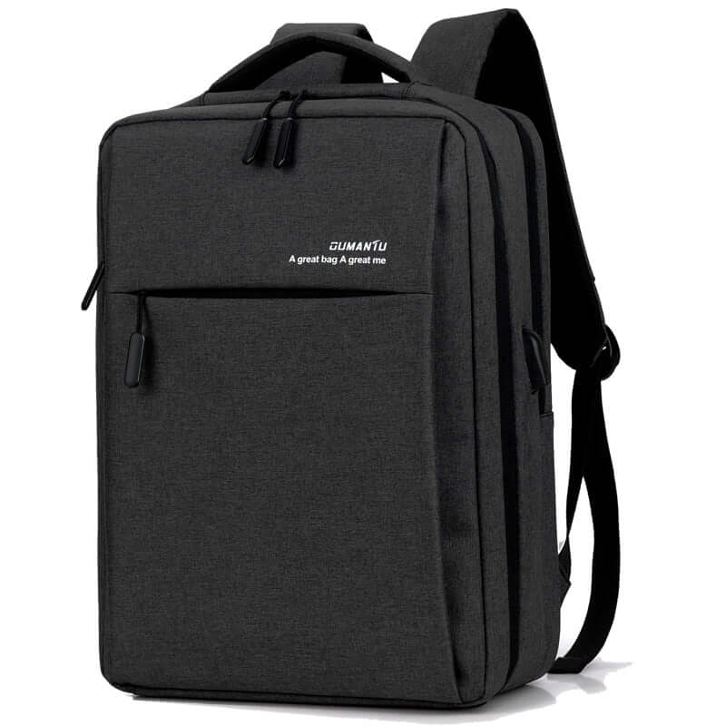 Waterproof shockproof rechargeable backpack laptop bag in gray Oxford cloth, compact design 41x31x14cm for travel and work.