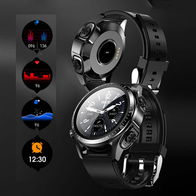Smart watch with blood pressure and oxygen monitoring features, displaying health metrics on a black wrist strap.