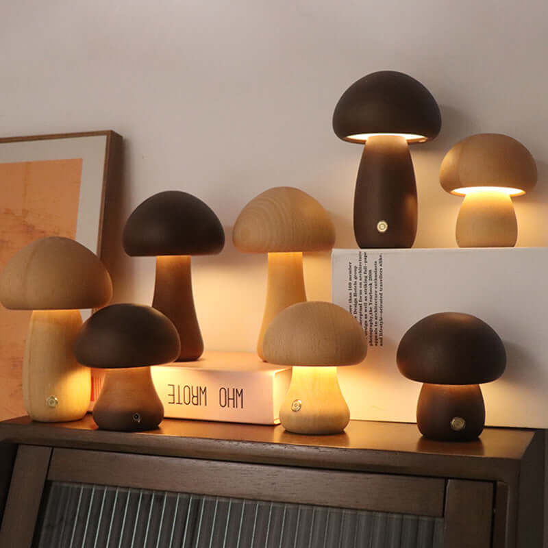 Wooden LED mushroom night lights on a bedside table, perfect for children's rooms and home decor.