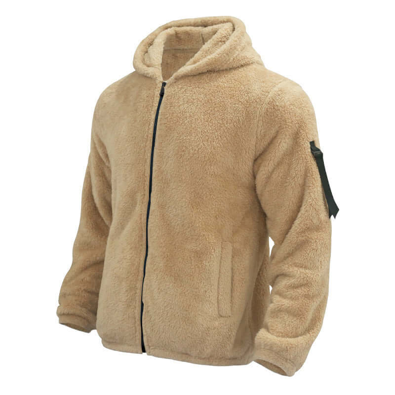 Men's plush hooded fleece jacket in khaki, designed for casual outdoor wear during autumn and winter.