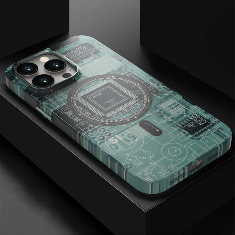 Back cover luminous magnetic phone case in Cangling Green with circuit design for iPhone models.