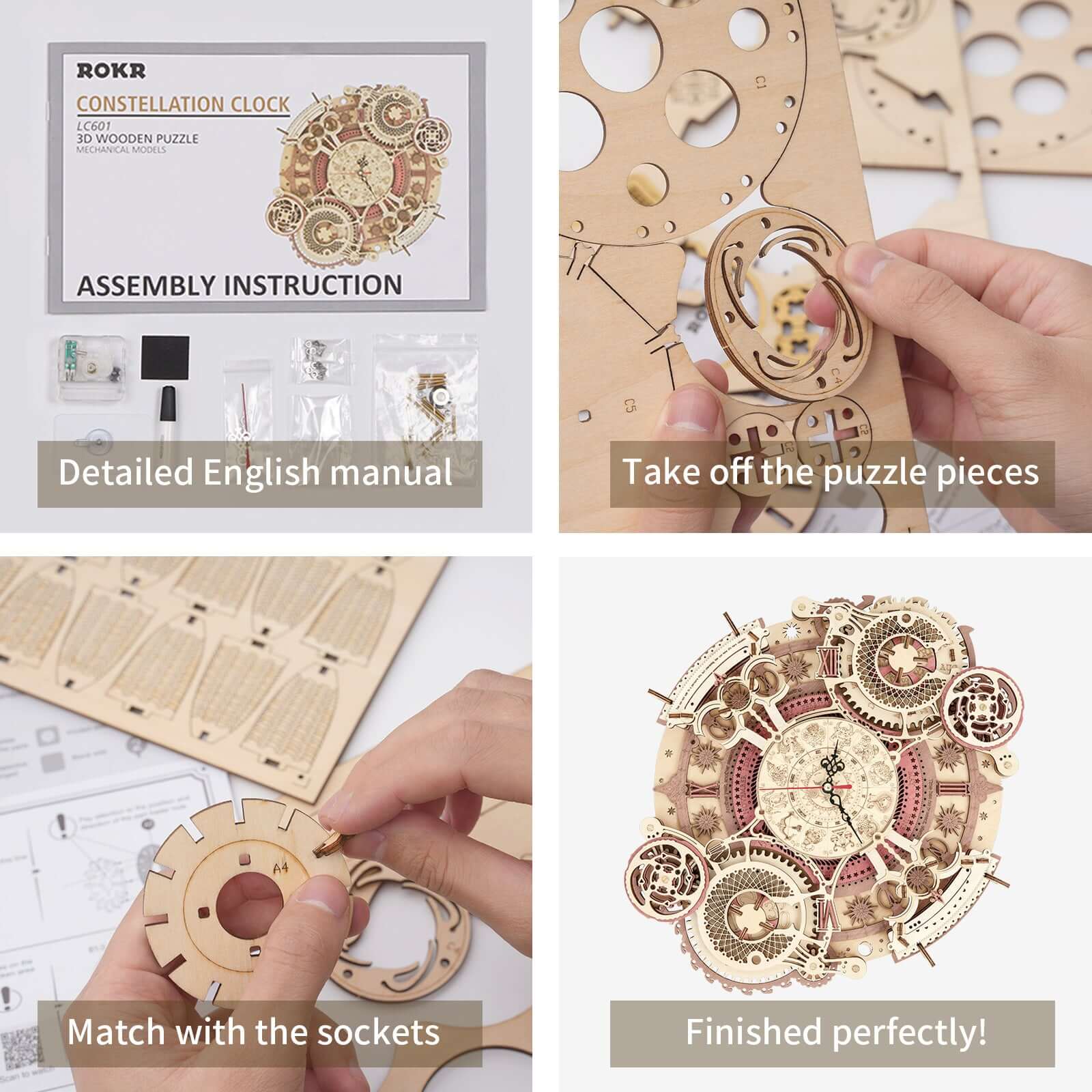 Instruction manual and assembly steps for Robotime ROKR 3D wooden Zodiac wall clock puzzle model.