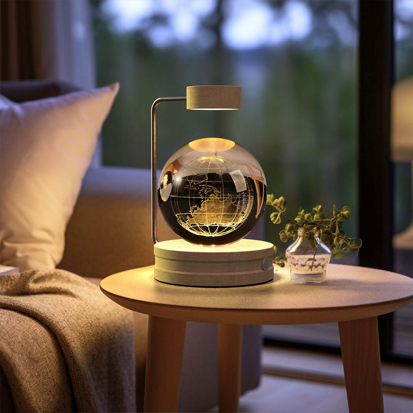Crystal ball dinosaur night light on wooden table, creating a warm atmosphere in a cozy living room.