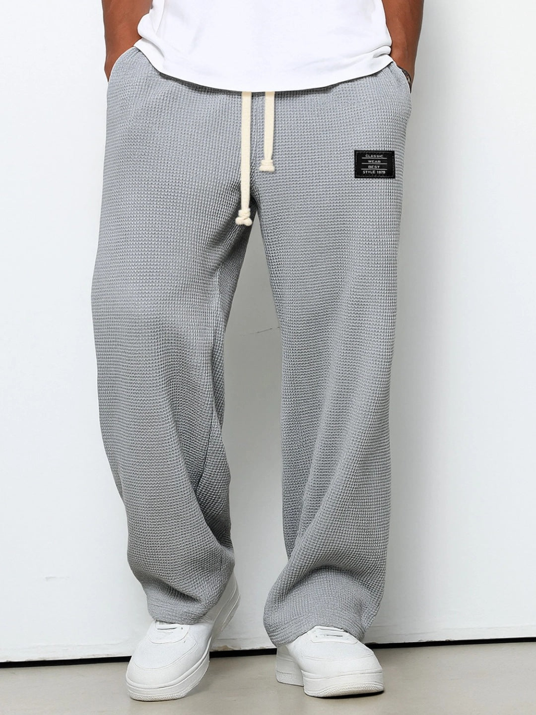Waffle Straight Pants Fashion Brand Loose Loose Drawstring Pockets Trousers Casual Men's Clothing