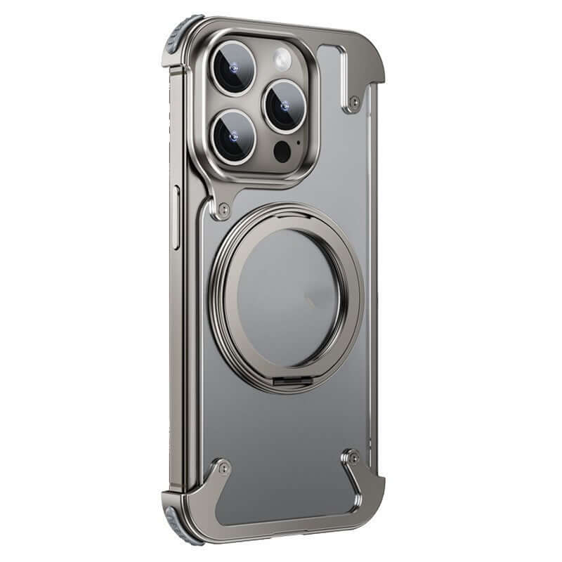 Magnetic metal phone case with drop-resistant and rotating bracket feature for iPhone models in sleek design.