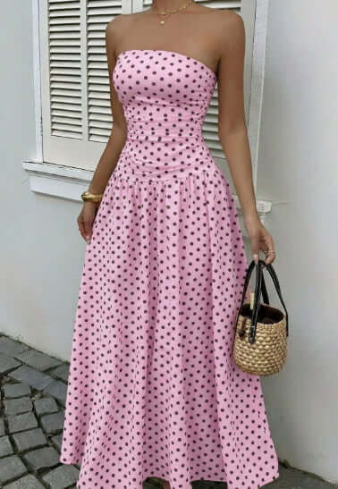 Elegant Polka-dot Off-shoulder Dresses Solid Color Strapless Lady High-waist Robe Commuting Party Business Beach Holiday Outfit