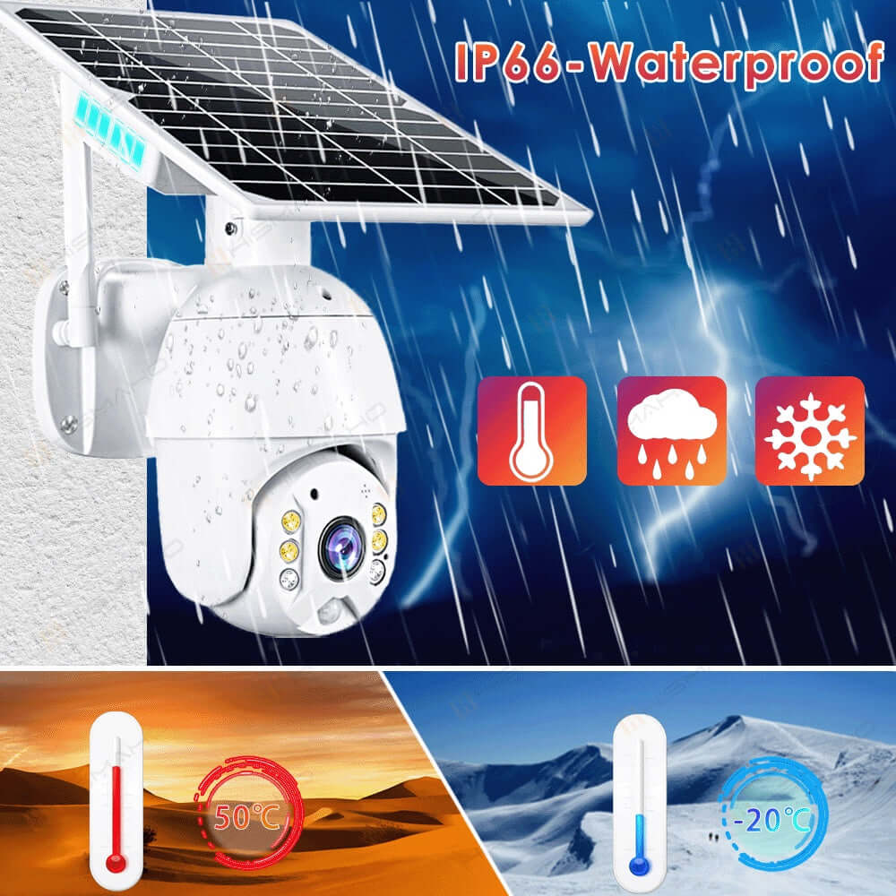 4G SIM card security camera with solar panel, IP66 waterproof, temperature range -20°C to 50°C, designed for outdoor use.