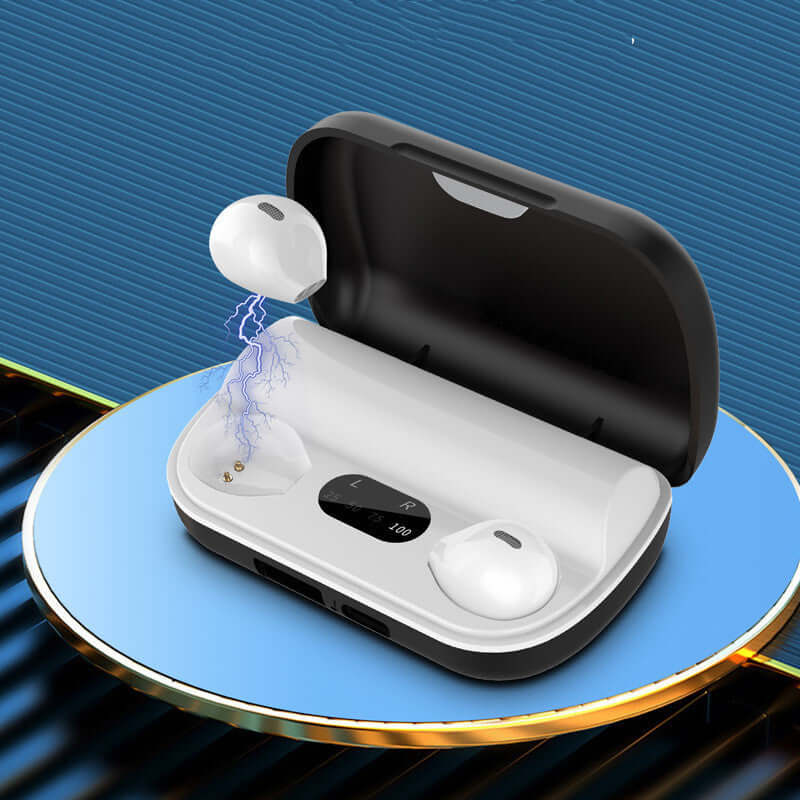 Wireless Bluetooth headset charging case with earbuds displayed, featuring a digital display and sleek design.