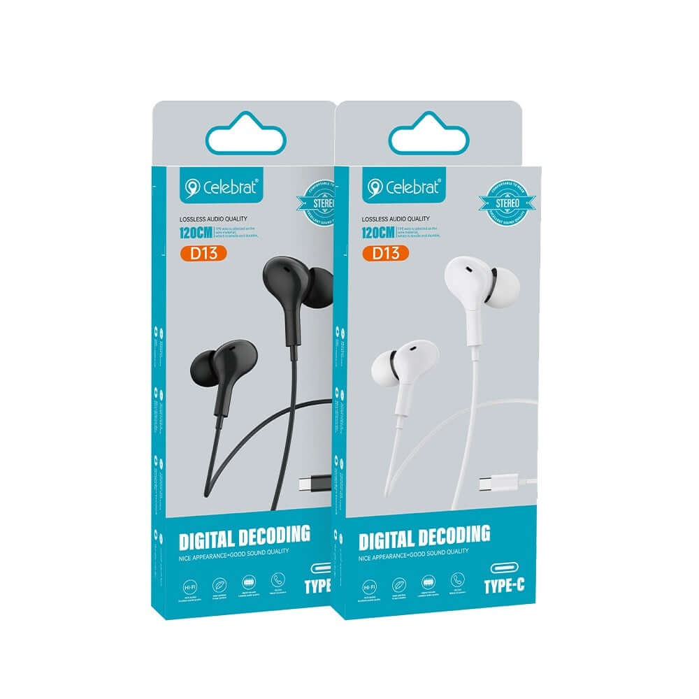 Celebrat in-ear headphones available in black and white packaging, fully compatible with Type-C devices.