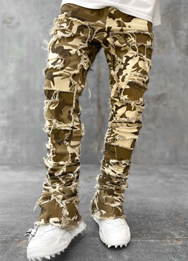 Men's long camo trousers with ripped detailing and stacked fit, perfect for a stylish casual look.