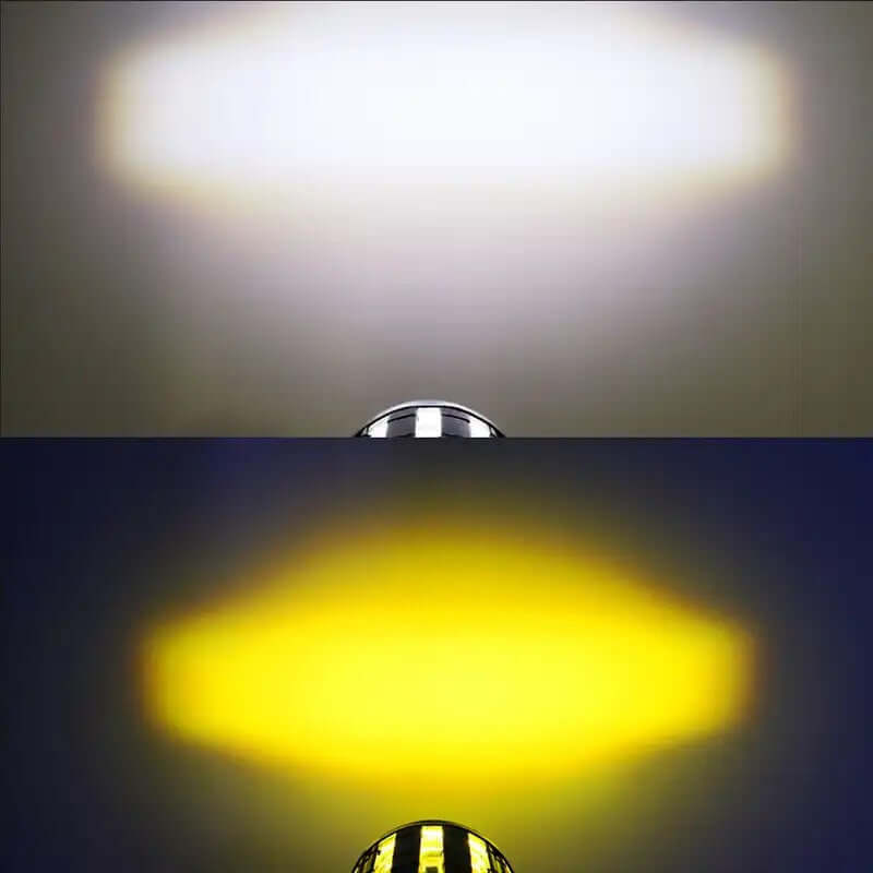 Two-color lens spotlight beam comparison for electric cars and motorcycles, showcasing white and yellow light output.
