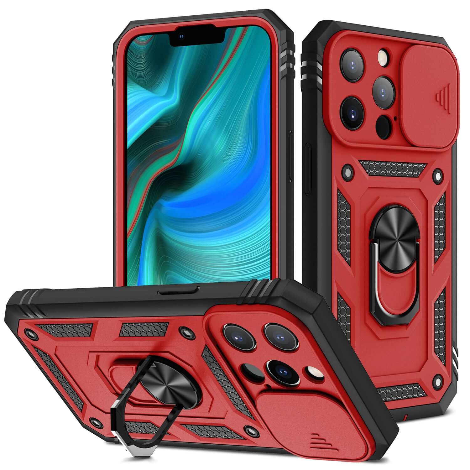 New red magnetic mobile phone case with sliding window bracket for Apple devices, showcasing TPU+PC material and sleek design.