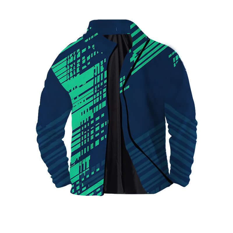 Men's twill 3D zipper jacket in navy and green digital print, suitable for teenagers, available in various sizes.