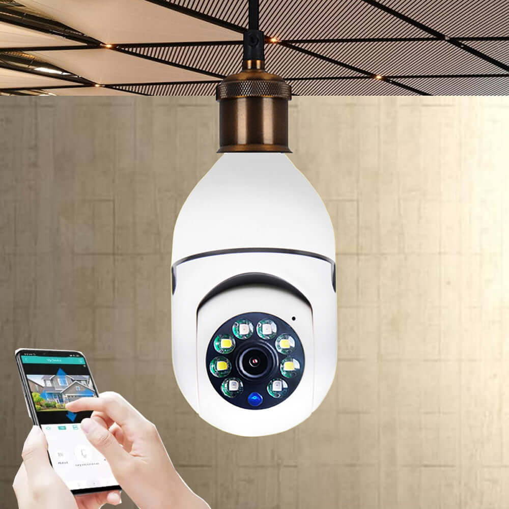 1080P WiFi camera bulb with 4X zoom, featuring color night vision and remote access via smartphone.