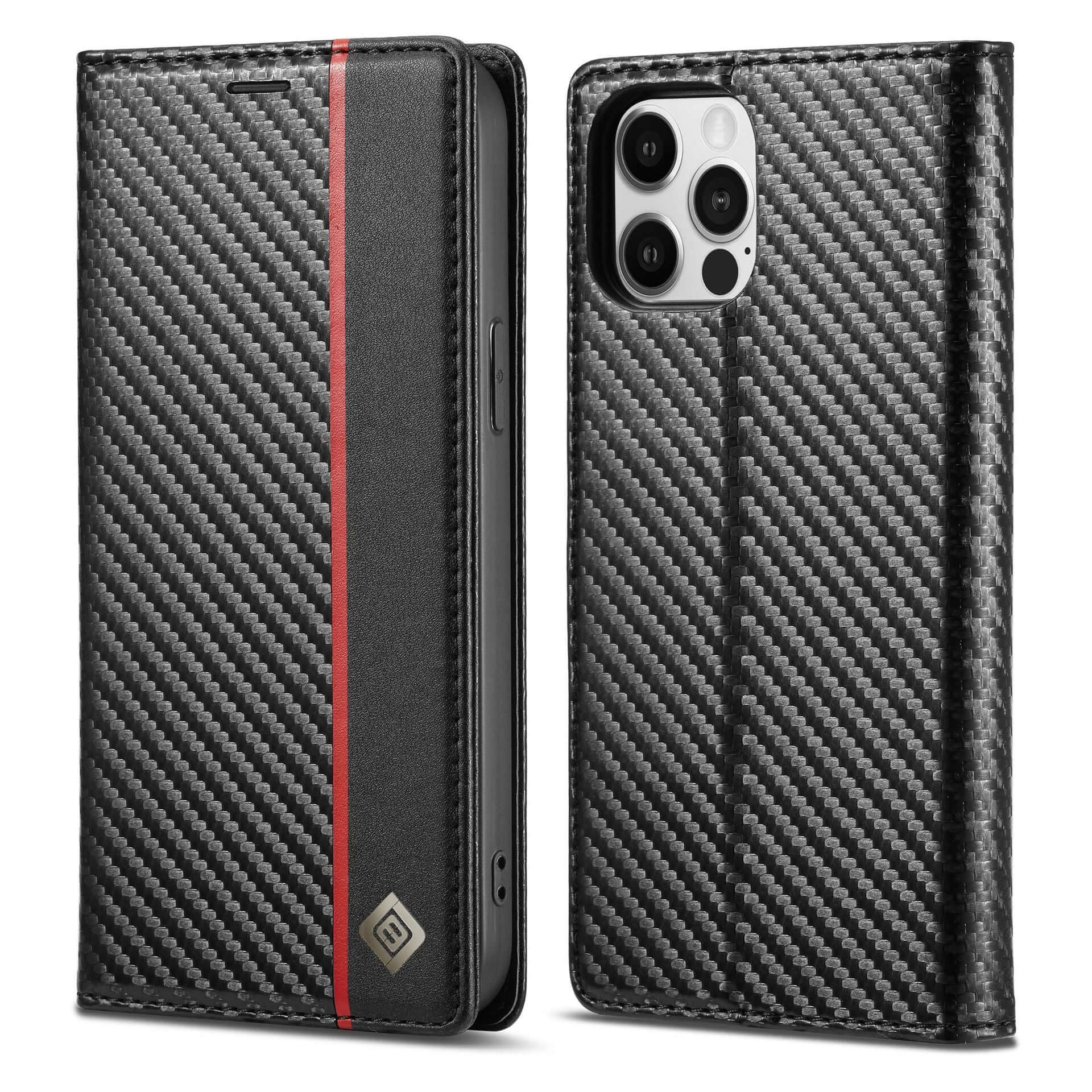 Leather case with carbon fiber design, featuring magnetic flip style, compatible with Apple devices, trendy and handmade.