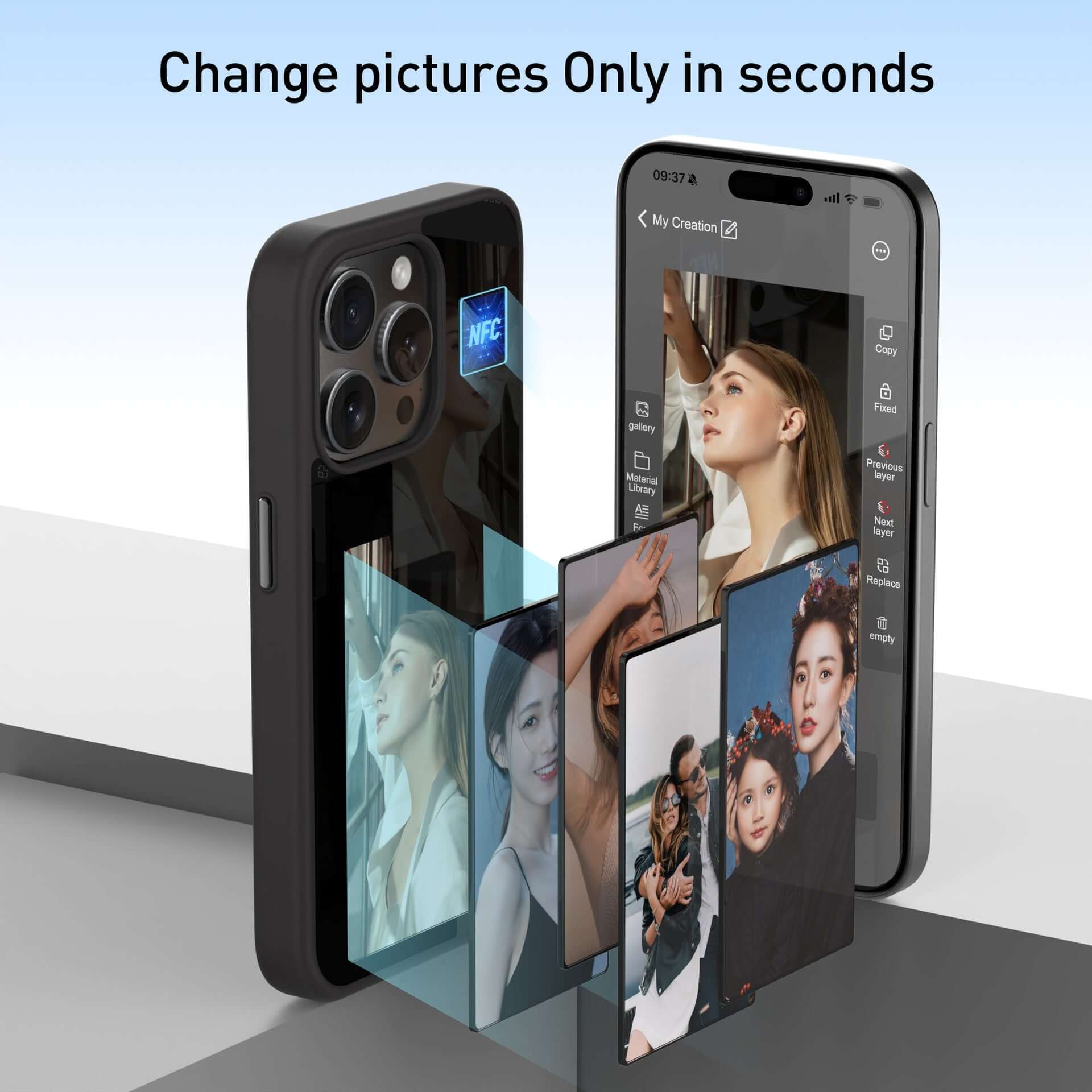 DIY Ink Screen Phone Case showcasing quick picture changes, featuring a sleek design and multiple photo displays.