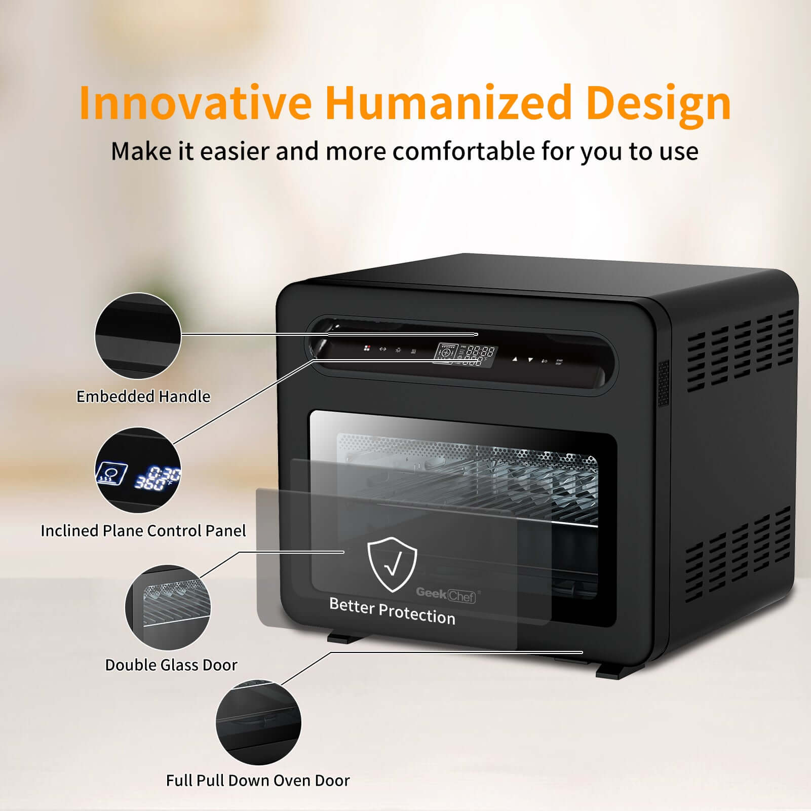 Innovative Geek Chef Steam Air Fryer with embedded handle, inclined control panel, double glass door, and pull down oven door.