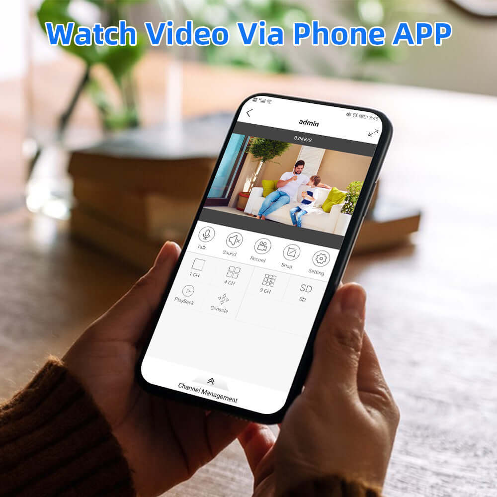 User watching live video feed from security camera via phone app on a smartphone.