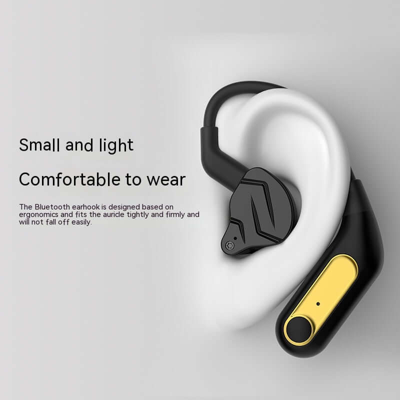 Close-up of ergonomic Wireless Bluetooth headphones designed for comfort and secure fit, featuring a sleek black design with yellow accents.
