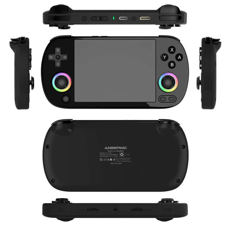 AMPOWN RG40XXH WIFI Wireless Game Machine top and bottom view with colorful buttons and USB interface.