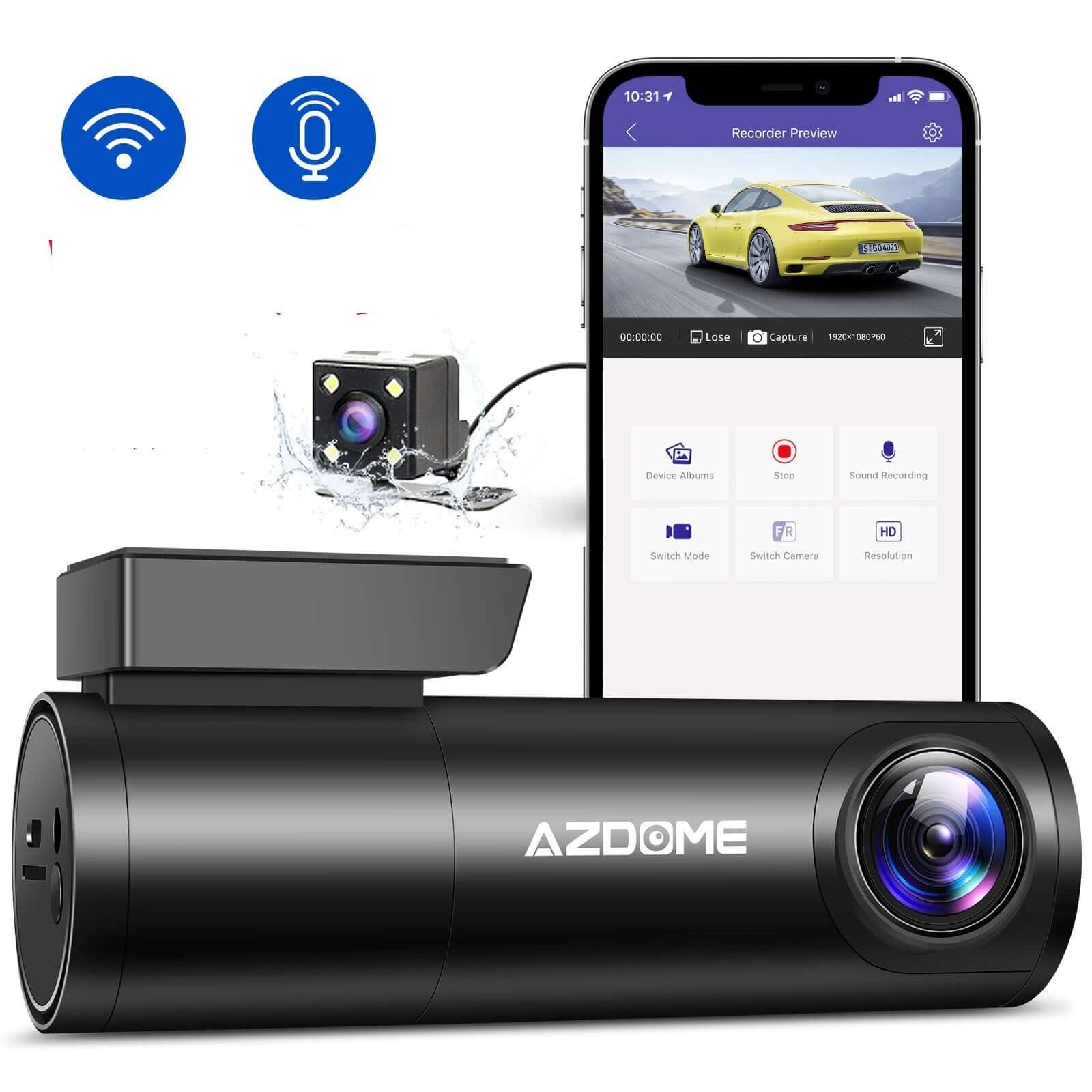 AZDOME dual lens recorder with mobile app view, showcasing WIFI connection and voice control features.