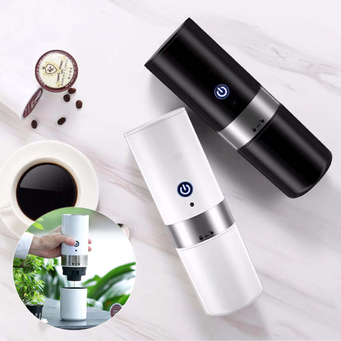 Portable fully automatic coffee machines in black and white, perfect for enjoying coffee on-the-go.